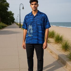 Men’s Puritan Blue Tropical Print Shirt Size 2XL